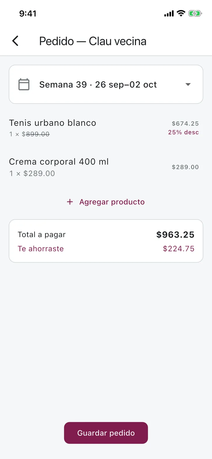 Pedido nuevo con dos productos, total a pagar y lo que se ahorró la clienta