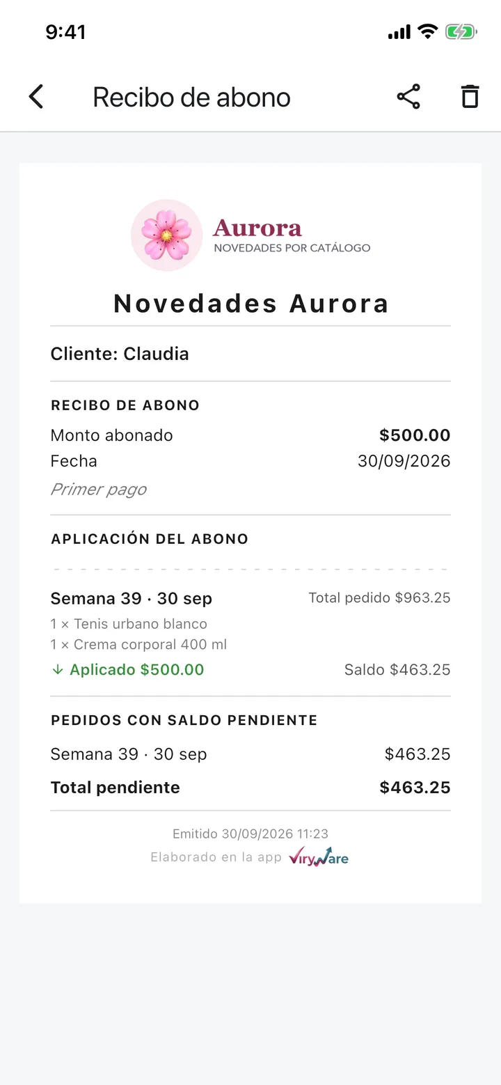 Recibo de abono con el nombre del negocio